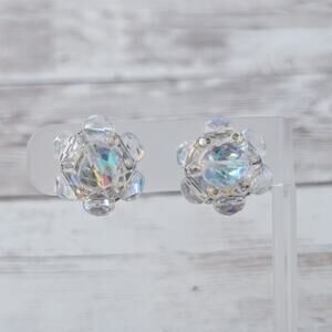 Vintage Clip On Earrings 7/8" Clear with Iridescent Finish